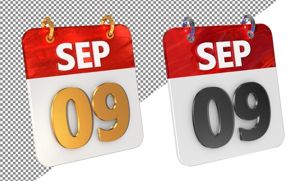 PSD 9 septembre date icon 3d isolé amplifié en or rendering 3d brillant