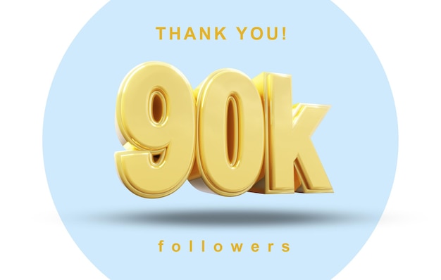 90 mil seguidores en redes sociales diseño de oro renderizado en 3D