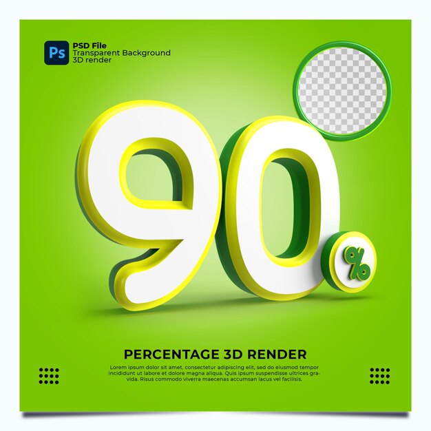 90 Porcentaje 3D Render Verde, amarillo, blanco, colores con elementos