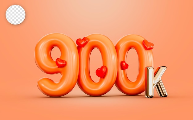 900k suiveur célébration numéro de couleur orange avec icône d'amour concept de rendu 3d pour bannière sociale