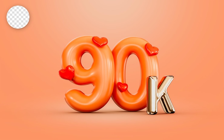 PSD 90k seguidor celebración número de color naranja con icono de amor 3d render concepto para banner social