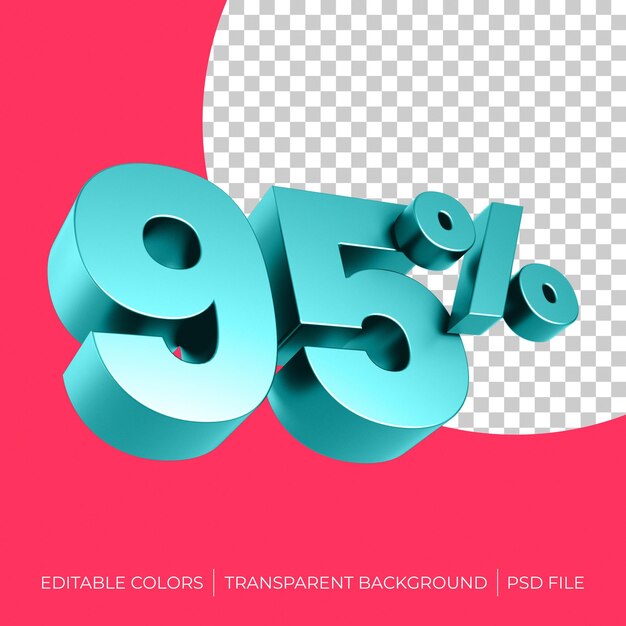 95 por ciento 3d renderizado azul verde sobre fondo rojo y transparente con archivo psd de colores editables