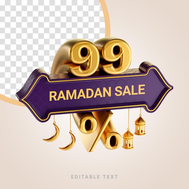 PSD 99 por cento de desconto ramadã e distintivo de rótulo de banner de venda eid com lua de ouro e lanterna renderização 3d