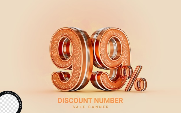 99 Prozent Rabatt Sale Banner Goldeffekt 3D-Renderkonzept für Shopping-Marketing-Cash-Back-Angebot