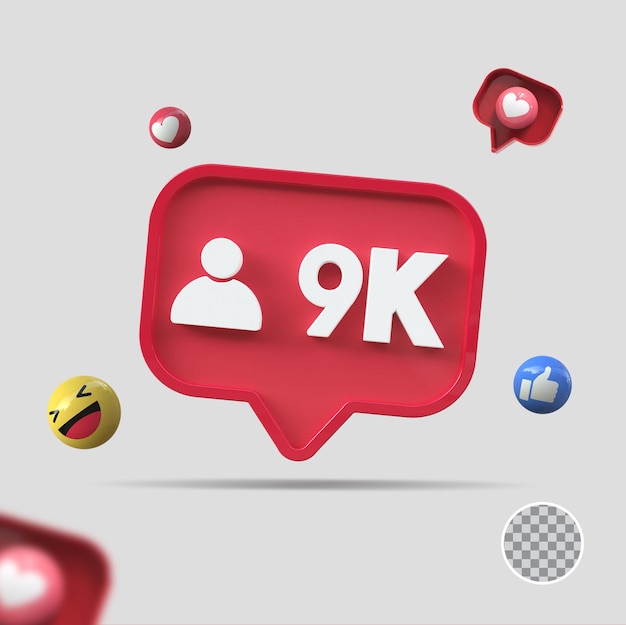 9k seguidores con icono 3d render