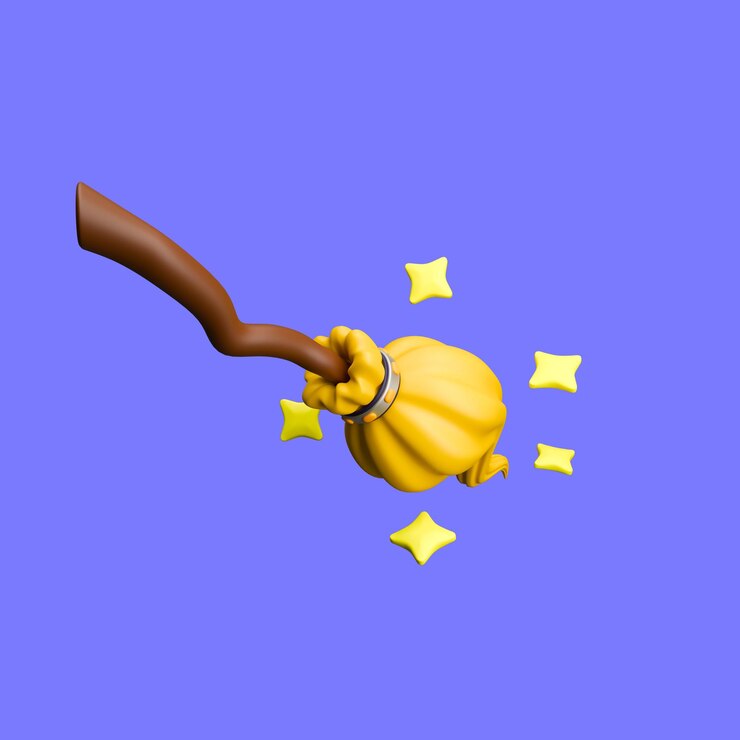 PSD a 3d icon flying broom with a brown stick and yellow broom and with a star