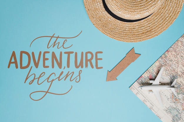 A aventura começa, citação de letras motivacionais para férias viajando conceito