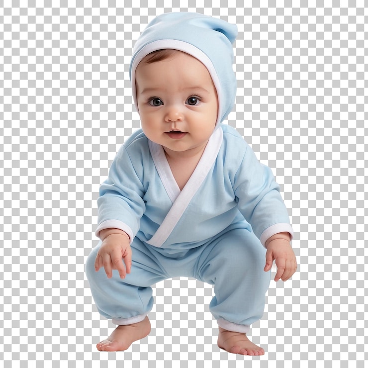 PSD a baby in a blue outfit stands on a white background