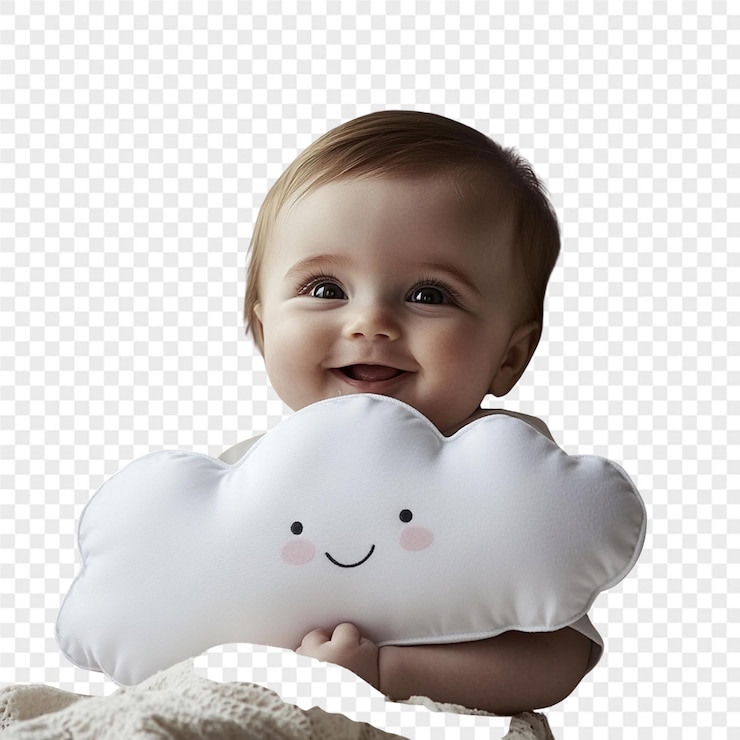 PSD a baby is holding a stuffed animal with a smiley face on it