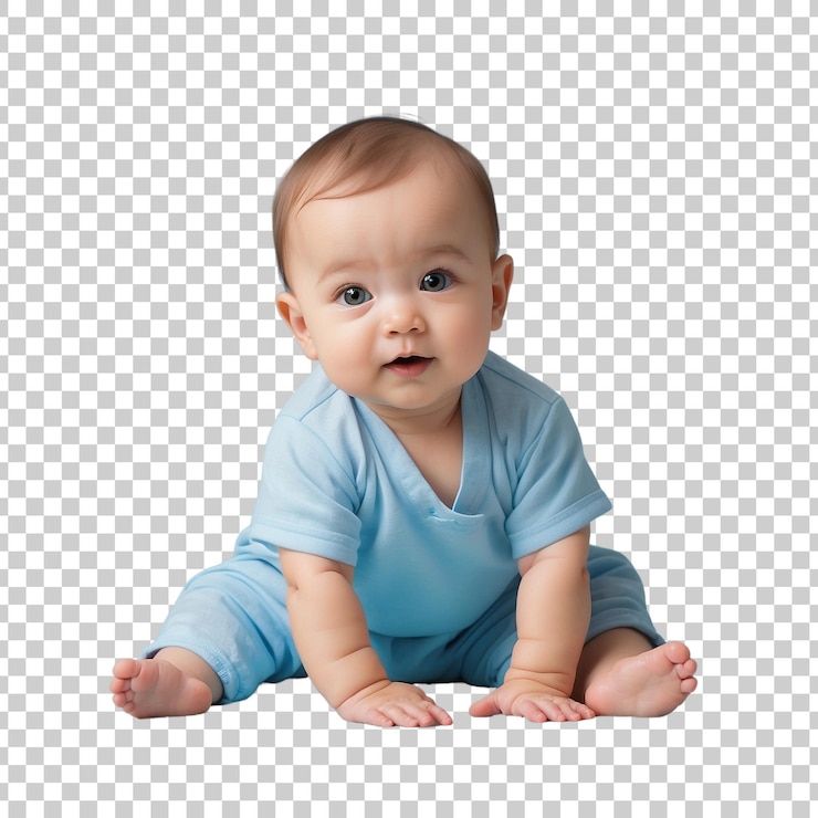 PSD a baby is sitting on the floor with a blue shirt