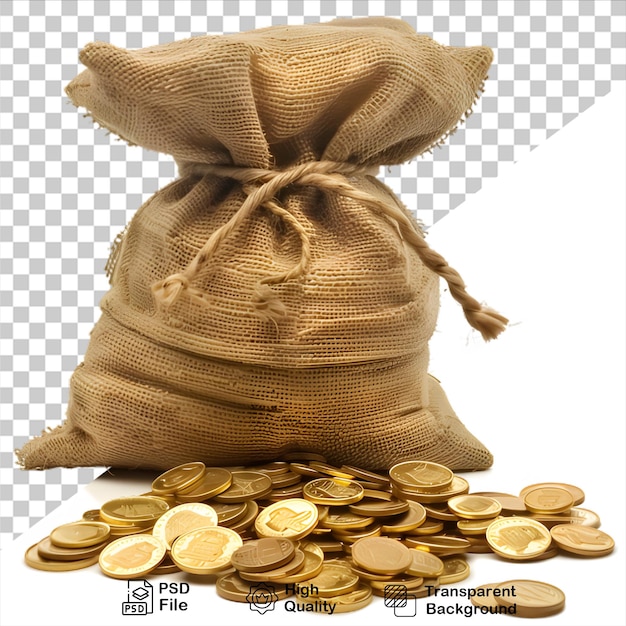 PSD a bag of gold coins with a bag of money on it isolated on transparent background