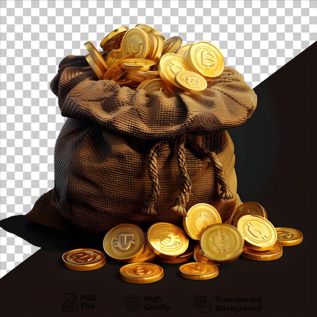 PSD a bag of gold coins with a bag of money on it isolated on transparent background