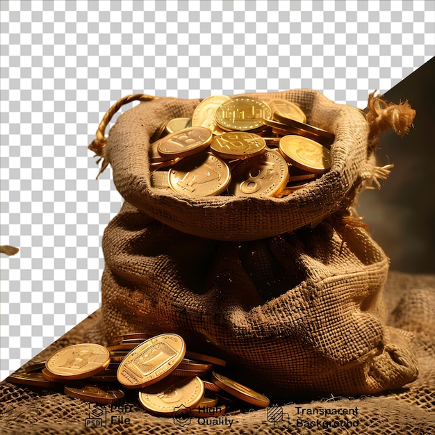 PSD a bag of gold coins with a bag of money on it isolated on transparent background