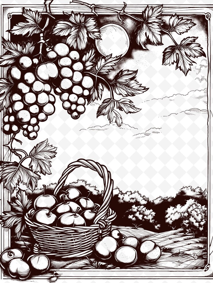 PSD a basket of eggs with grapes and a basket of grapes
