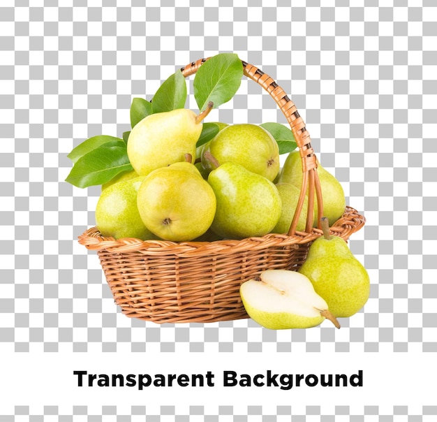 A basket of fresh ripe pears with leaves isolated on transparent background