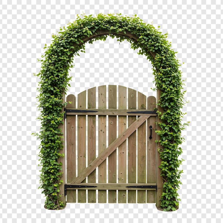 A beautiful wooden garden gate with archway covered in ivy