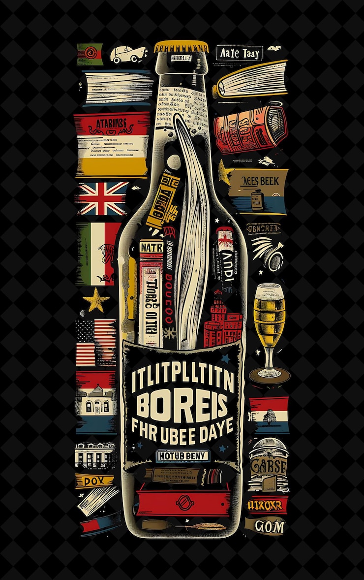 PSD a beer bottle with a label shaped like a book cover differen flat illustration beer culture design
