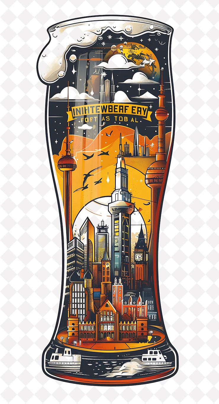 PSD a beer glass with a 3d cityscape etched on it different land flat illustration beer culture design
