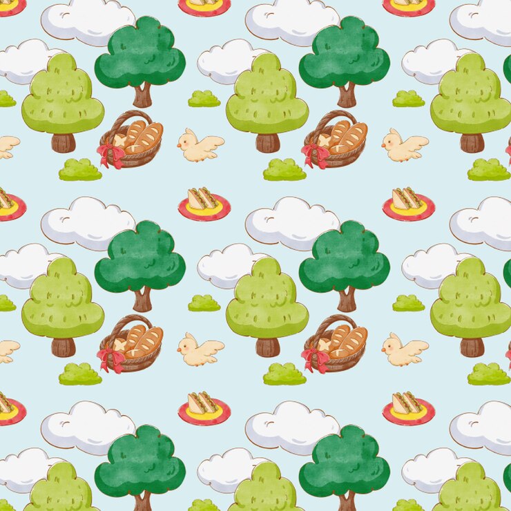 PSD a bird flying tree and clouds with a baguette in a basket nearby handdrawn seamless pattern design