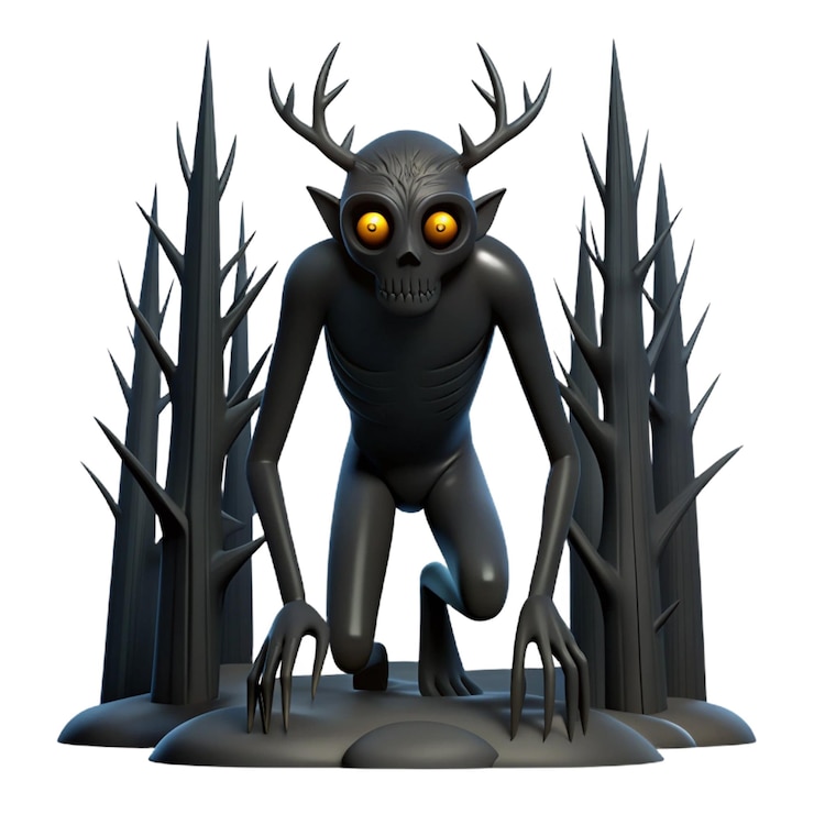 PSD a black alien with glowing eyes running through a forest