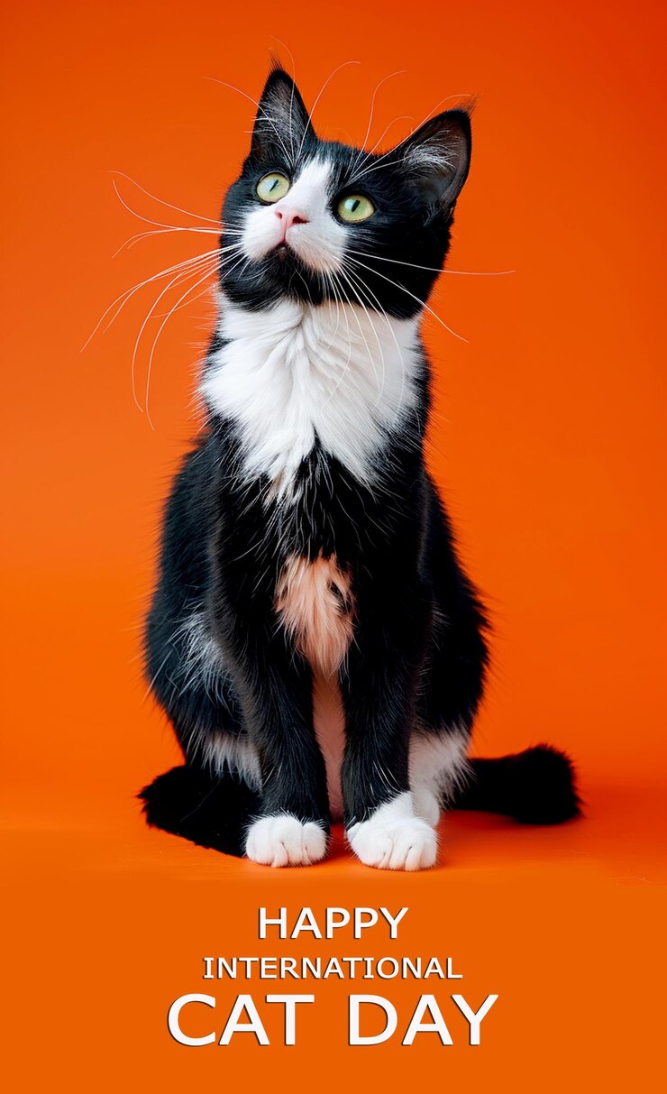 a black and white cat with green eyes sitting on an orange surface
