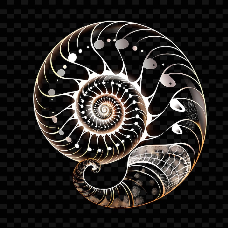 PSD a black and white drawing of a seashell with the spirals