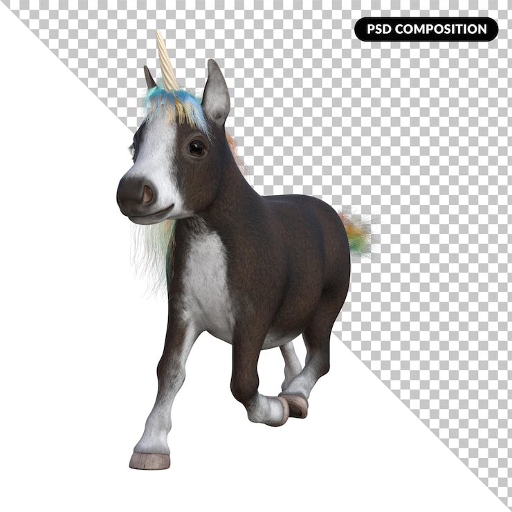 PSD a black and white horse with a white mane and a blue and yellow tail