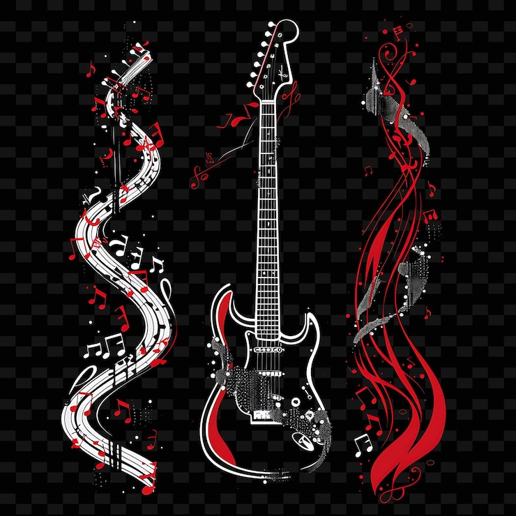 PSD a black and white photo of a guitar with a red and black background
