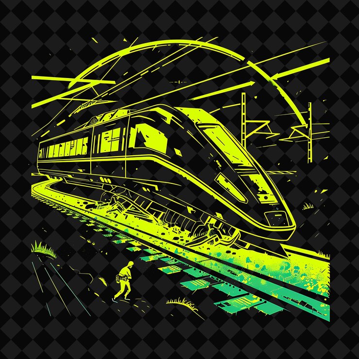 PSD a black and yellow picture of a train with a man on it