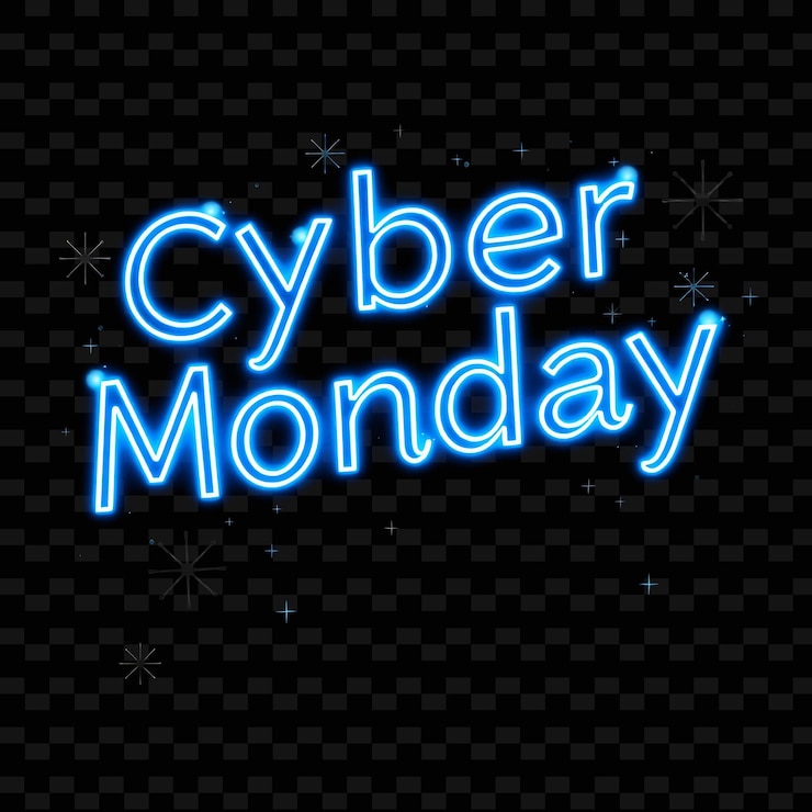 PSD a black background with a blue neon sign that says cyber monday on it