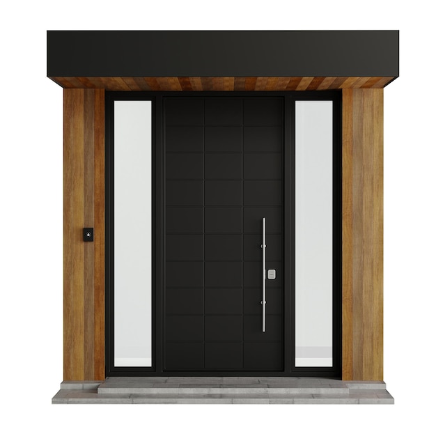 A black door with a silver handle and glass panels