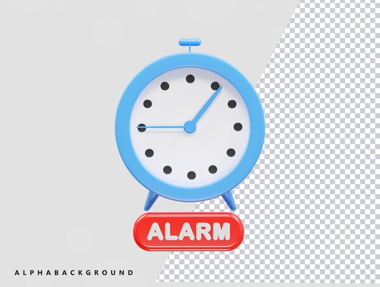 PSD a blue alarm clock with a red and white label that says alarm on it