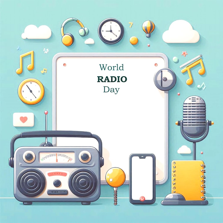PSD a blue background with a radio radio and other things around it