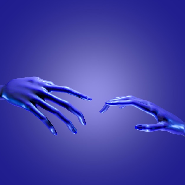a blue background with two hands reaching out to each other with one hand reaching up to another.