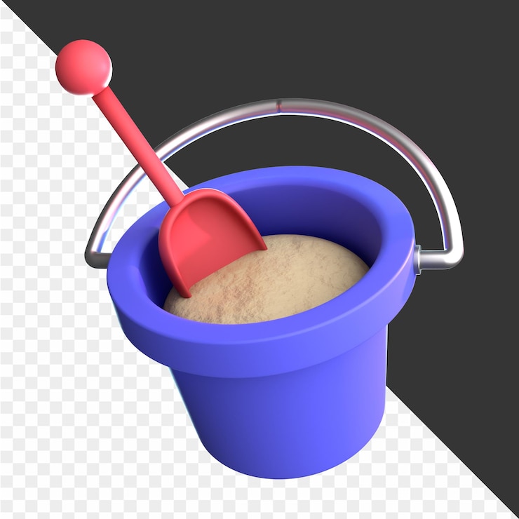 PSD a blue bucket with a red handle and a red shovel in the middle.