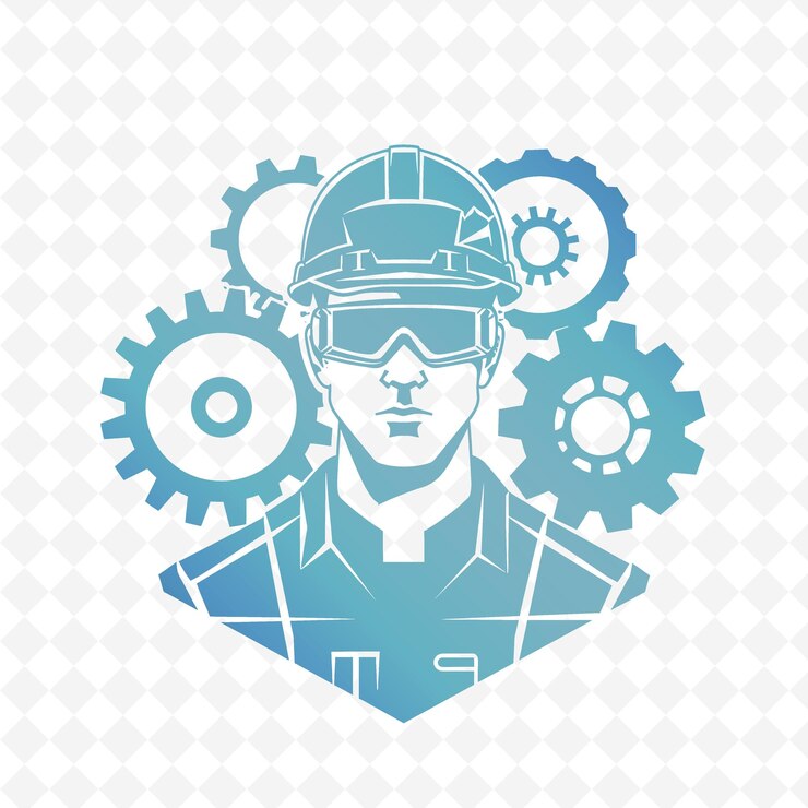 PSD a blue engineer with a blue helmet and gears on it