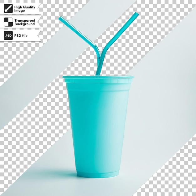 PSD a blue plastic cup with a straw in it that says  t  on it