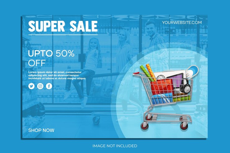 PSD a blue web ad for a website that says " get super sale ".