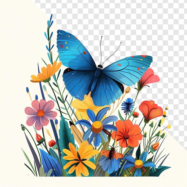 PSD a borboleta azul entre as flores ilustração de fundo transparente