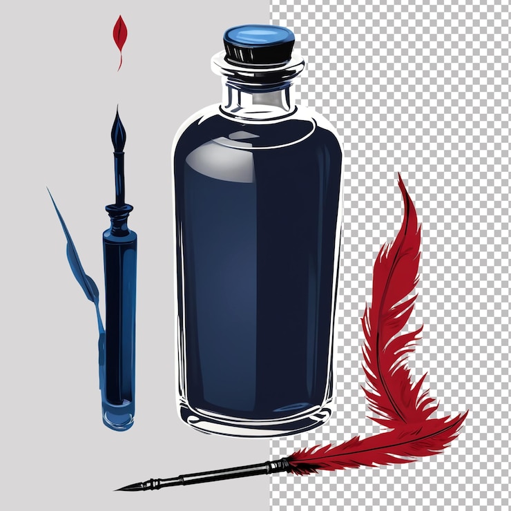 PSD a bottle of blue perfume sits next to a red feather