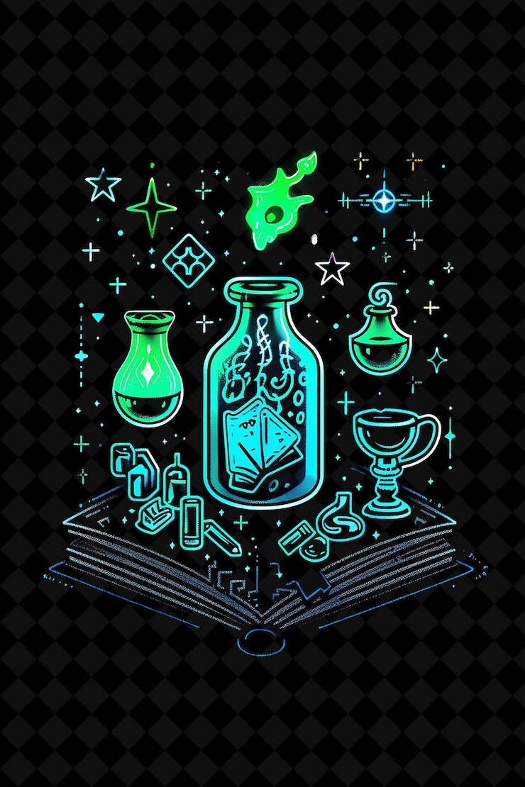 PSD a bottle of glass with a blue glow and a black background with a blue star and a green star