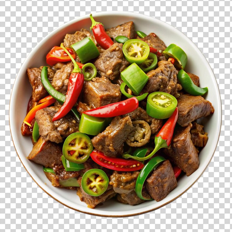 A bowl of beef and vegetables including green peppers and onions on transparent background