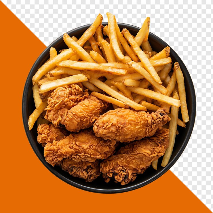 PSD a bowl of fried chicken and french fries with a black bowl of french fries