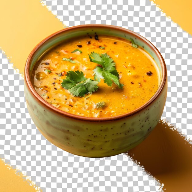 PSD a bowl of soup with a green leaf on the rim