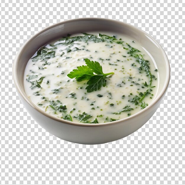 PSD a bowl of soup with a leaf of parsley on transparent background