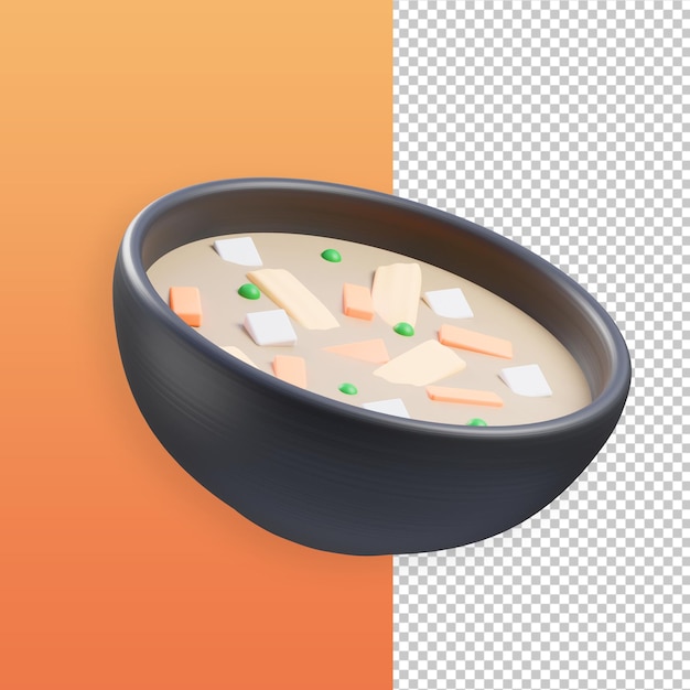 A bowl of soup with carrots and peas and a green pea in the middle 3d illustration