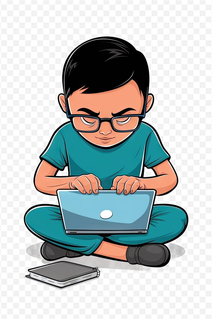 PSD a boy with glasses is sitting on the floor and using a laptop