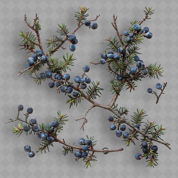 PSD a branch of a pine tree with berries and a sprig of blueberries