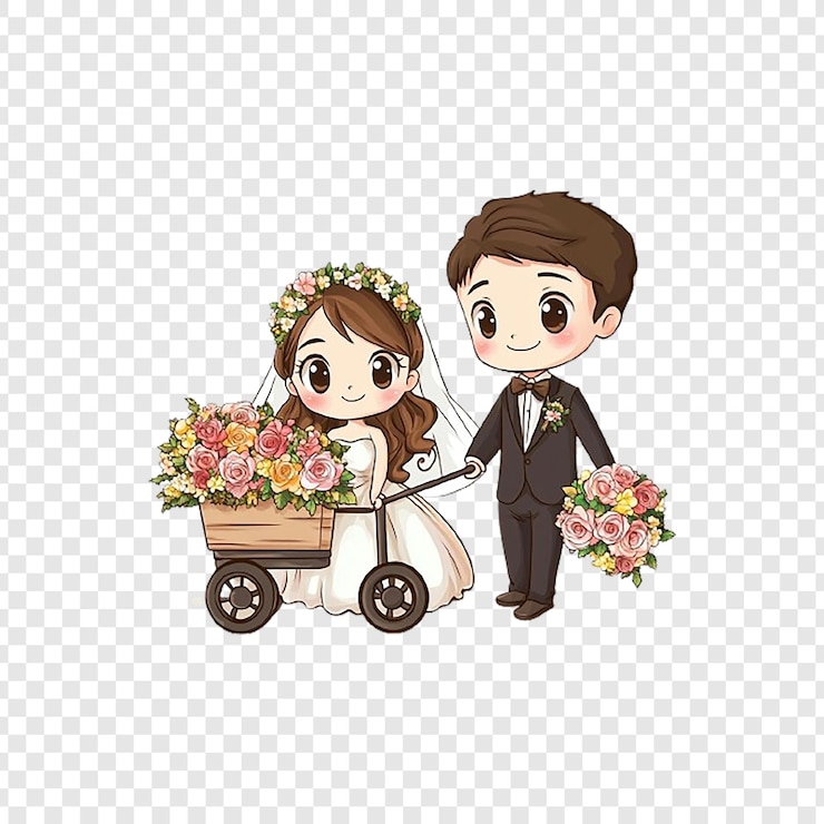 PSD a bride and groom are riding in a wagon with a flower bouquet
