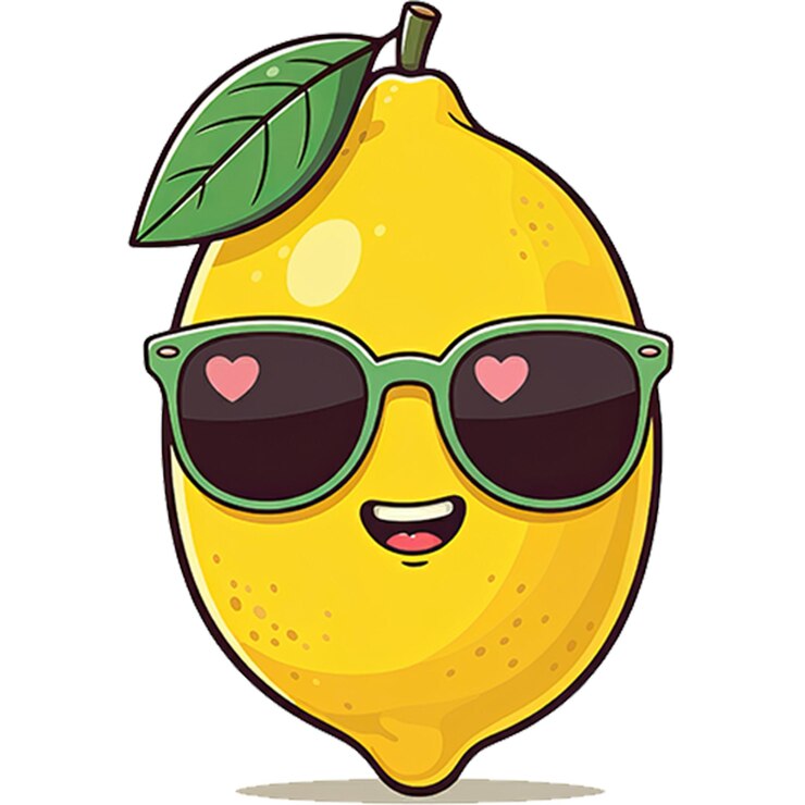 PSD a bright yellow lemon with a cute smiling face and oversized sunglasses on transparent background